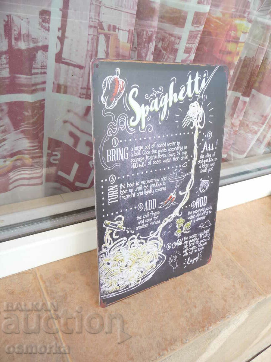 Metal plate food spaghetti recipe ingredients cooking chef with price 18.00 BGN | € 9.20 Metal plate food spaghetti recipe ingredients cooking chef with price 18.00 BGN | € 9.20