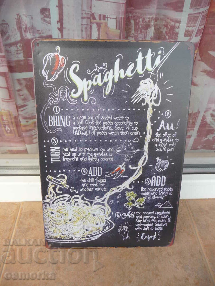Метална табела храна спагети рецепта съставки готвене готвач