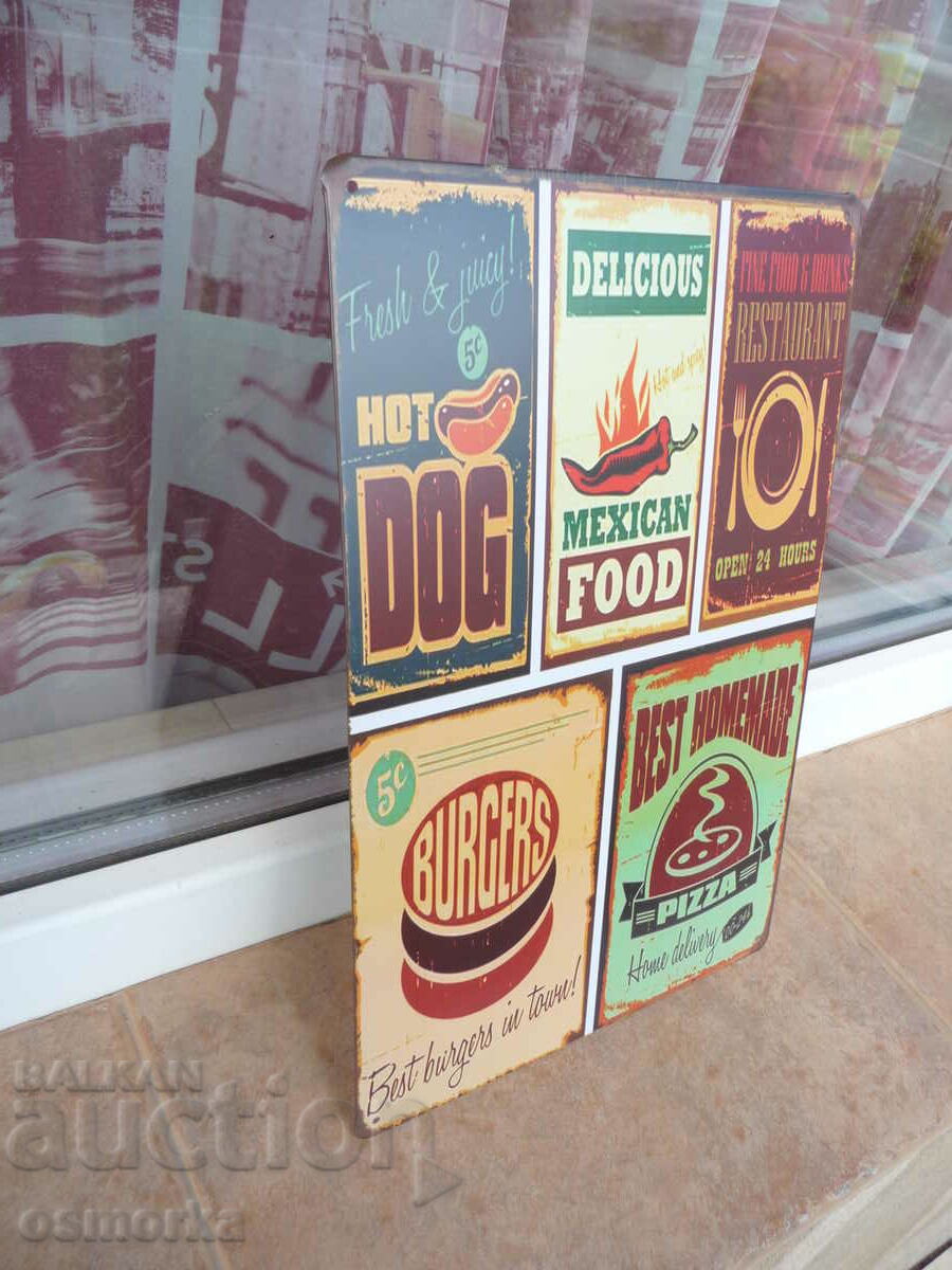 Metal sign food mexican hot dog burger pizza restaurant with price 18.00 BGN | € 9.20 Metal sign food mexican hot dog burger pizza restaurant with price 18.00 BGN | € 9.20