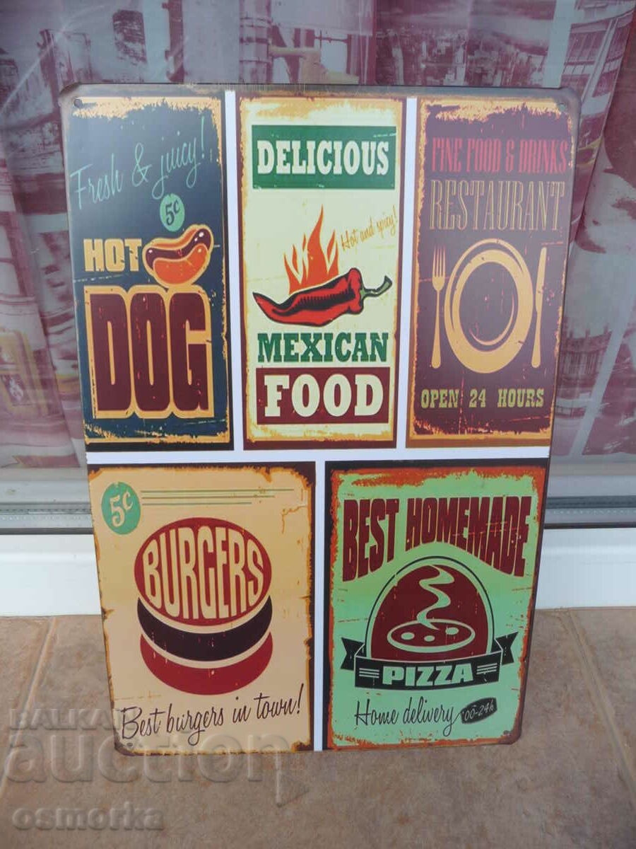 Μεταλλική πινακίδα φαγητό μεξικάνικο χοτ-ντογκ μπιφτέκι πιτσαρία