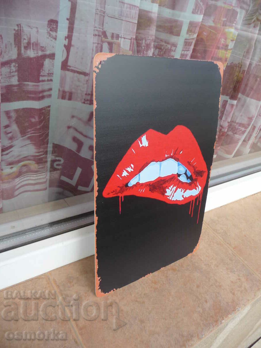 Metal plate erotic bitten lips lipstick sexy decor with price 18.00 BGN | € 9.20 Metal plate erotic bitten lips lipstick sexy decor with price 18.00 BGN | € 9.20