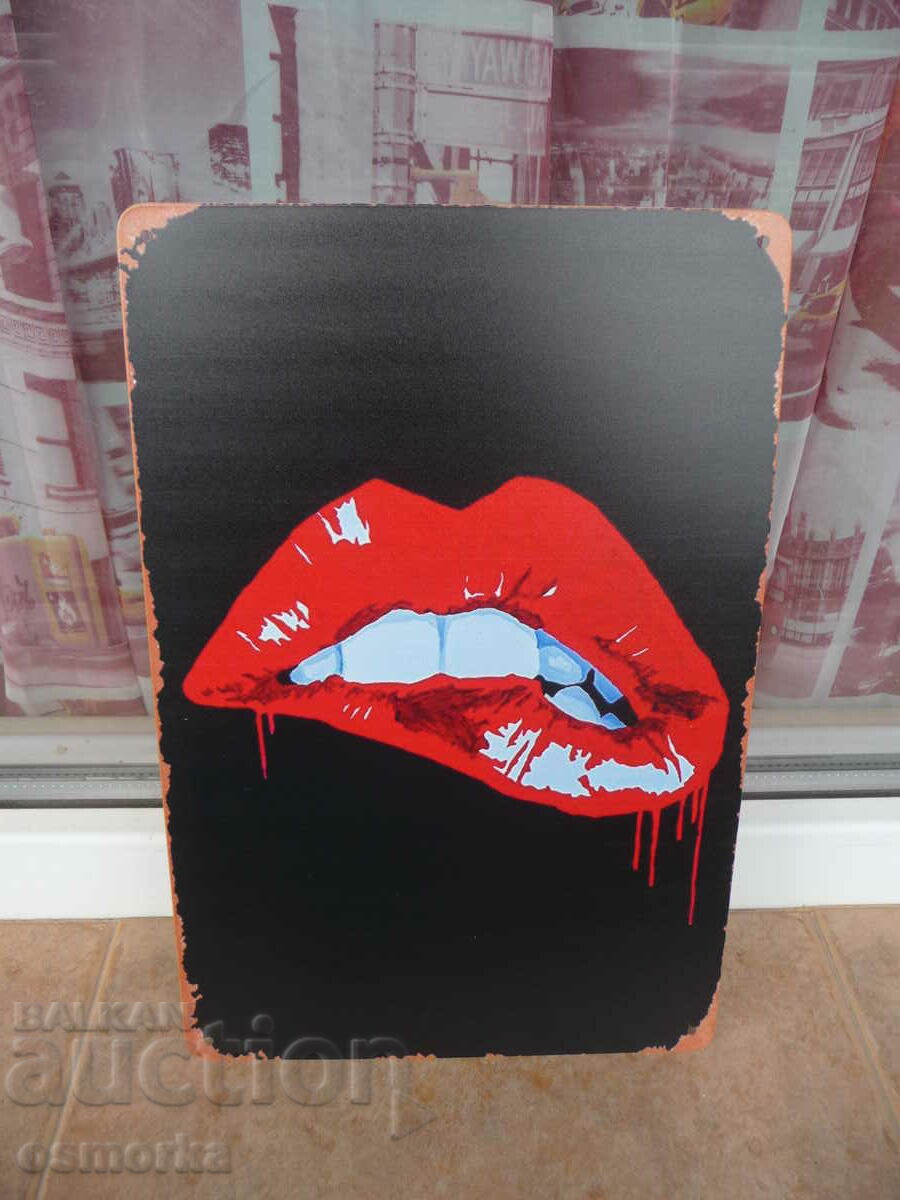 Metal plate erotic bitten lips lipstick sexy decor