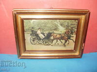 Old Western European color print in wooden frame