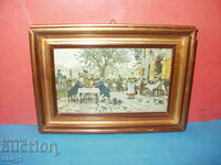 Western European old color print in wooden frame