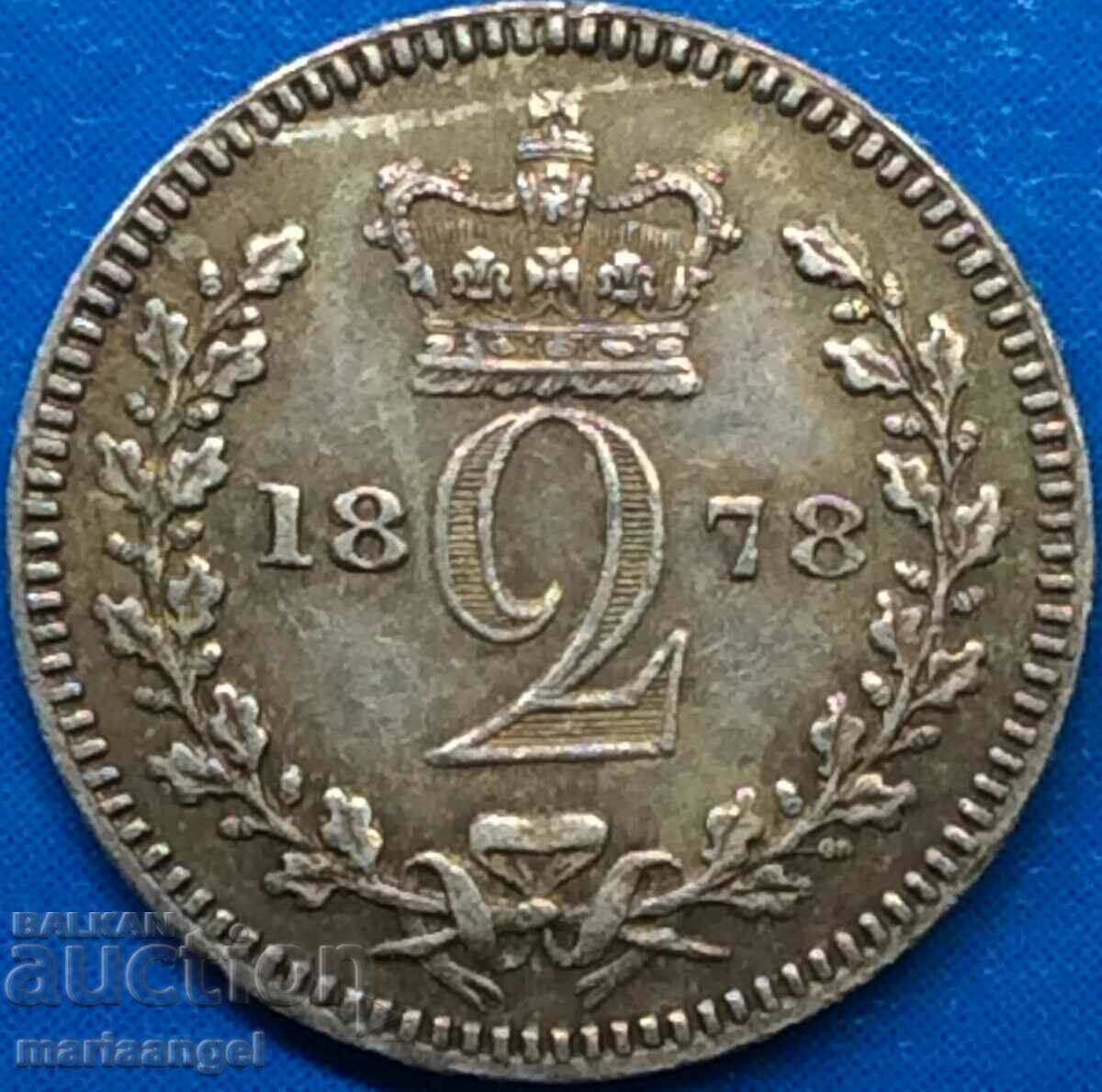 Marea Britanie 2 Pence 1878 Moundy Victoria RARE Argint