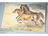 Old drawing picture watercolor horses