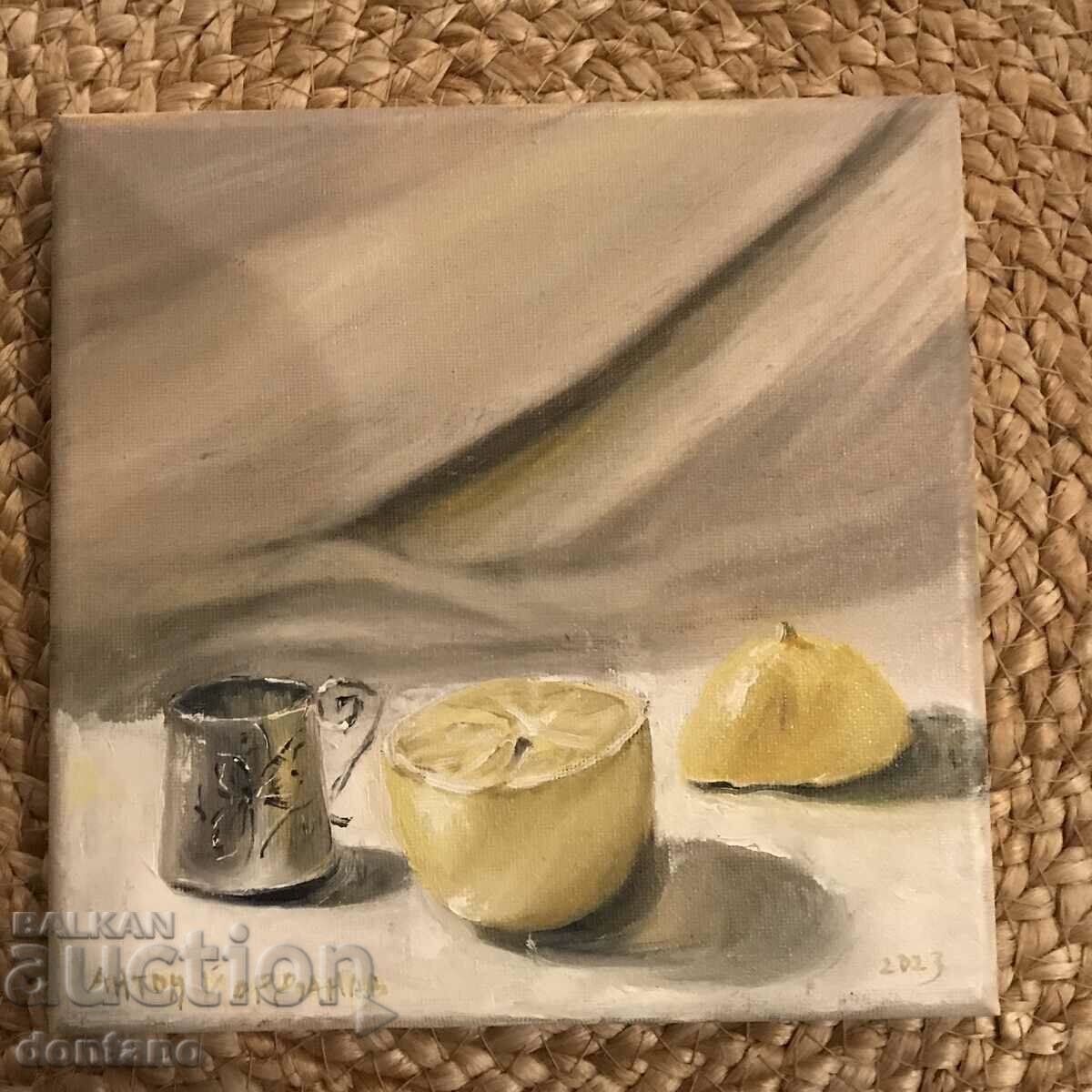 Маслена картина - Натюрморт - Сребърна чашка с лимон
