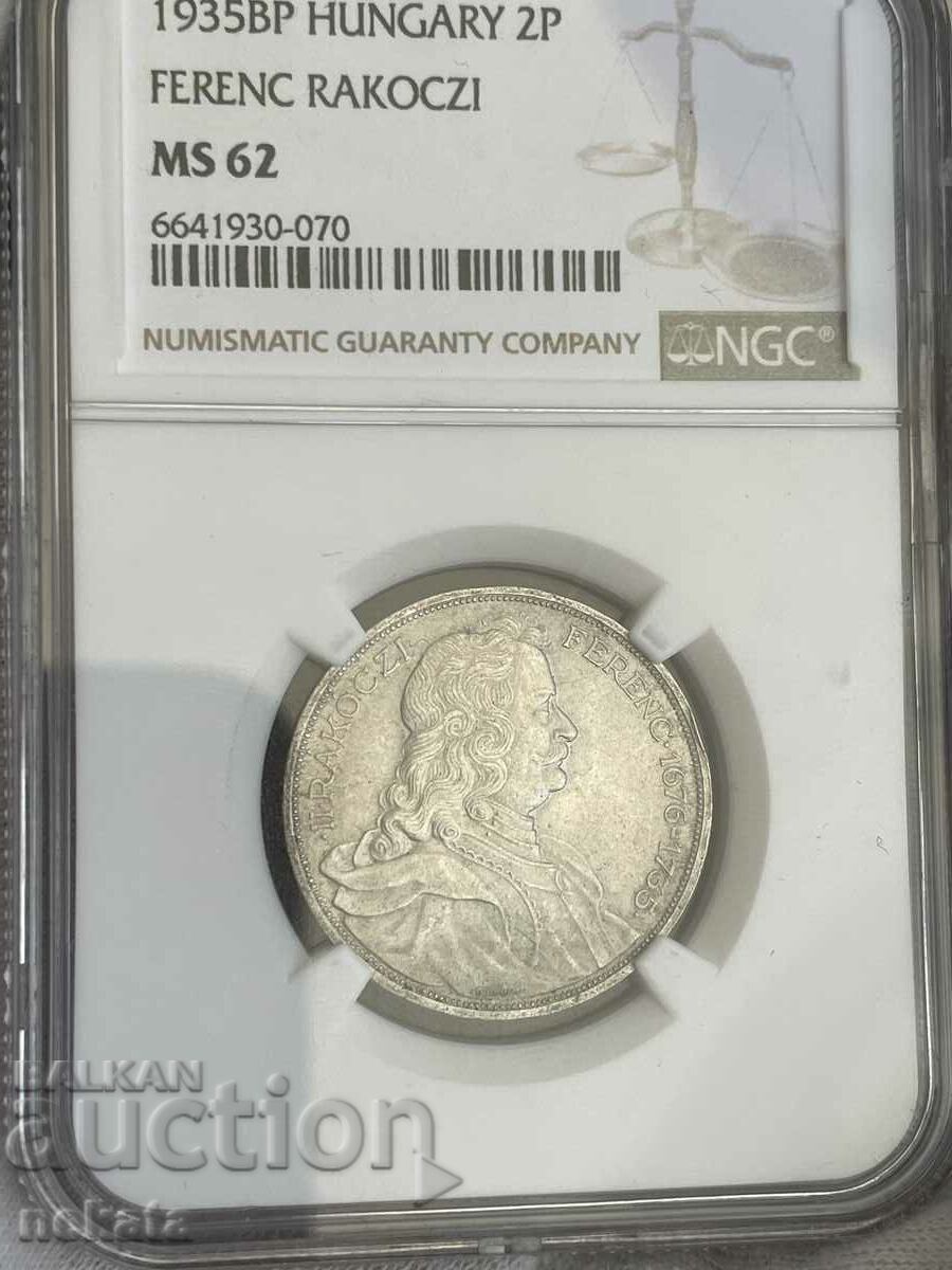 2 pengo 1935, Hungary, silver, MS62 NGC