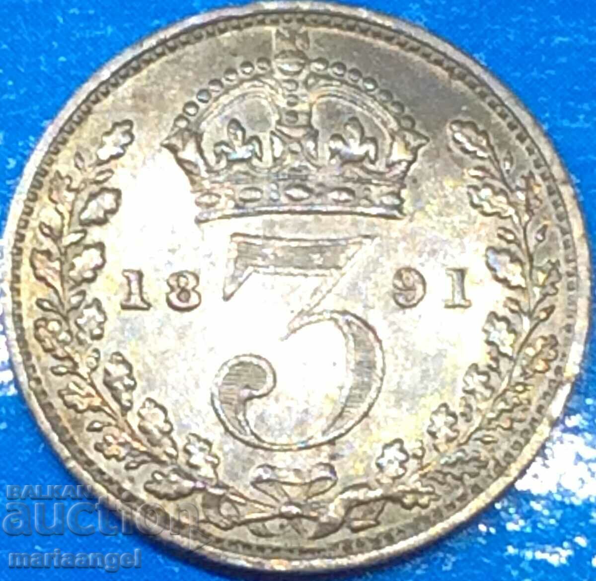 Great Britain 3 Pence 1891 Victoria Silver