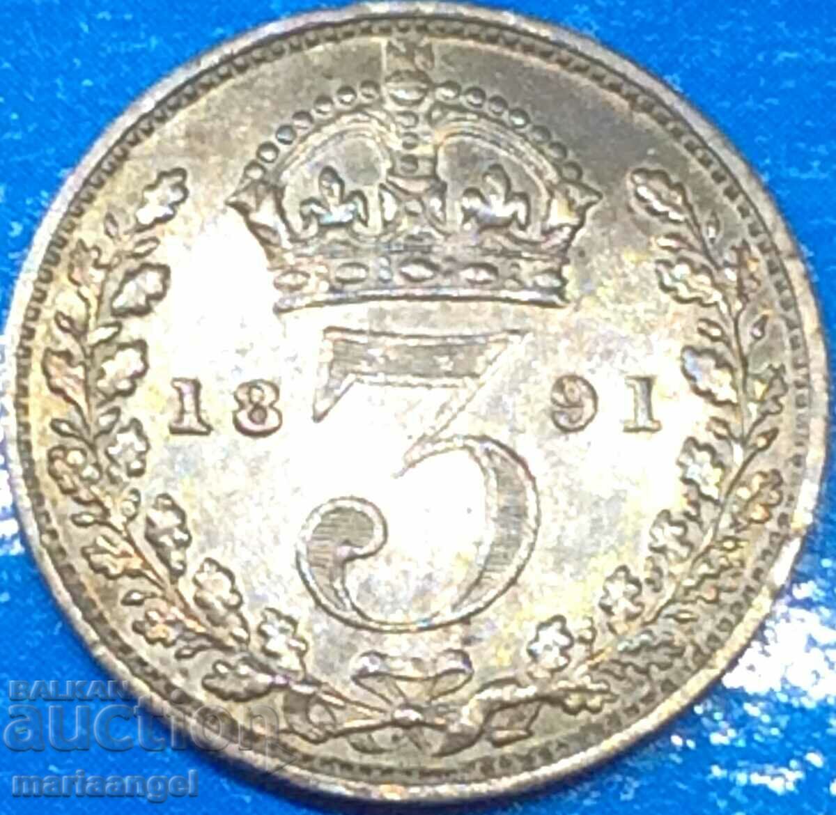 Marea Britanie 3 Pence 1891 Victoria Silver