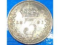 Marea Britanie 3 Pence 1891 Victoria Silver