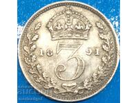 Great Britain 3 Pence 1891 Victoria Silver