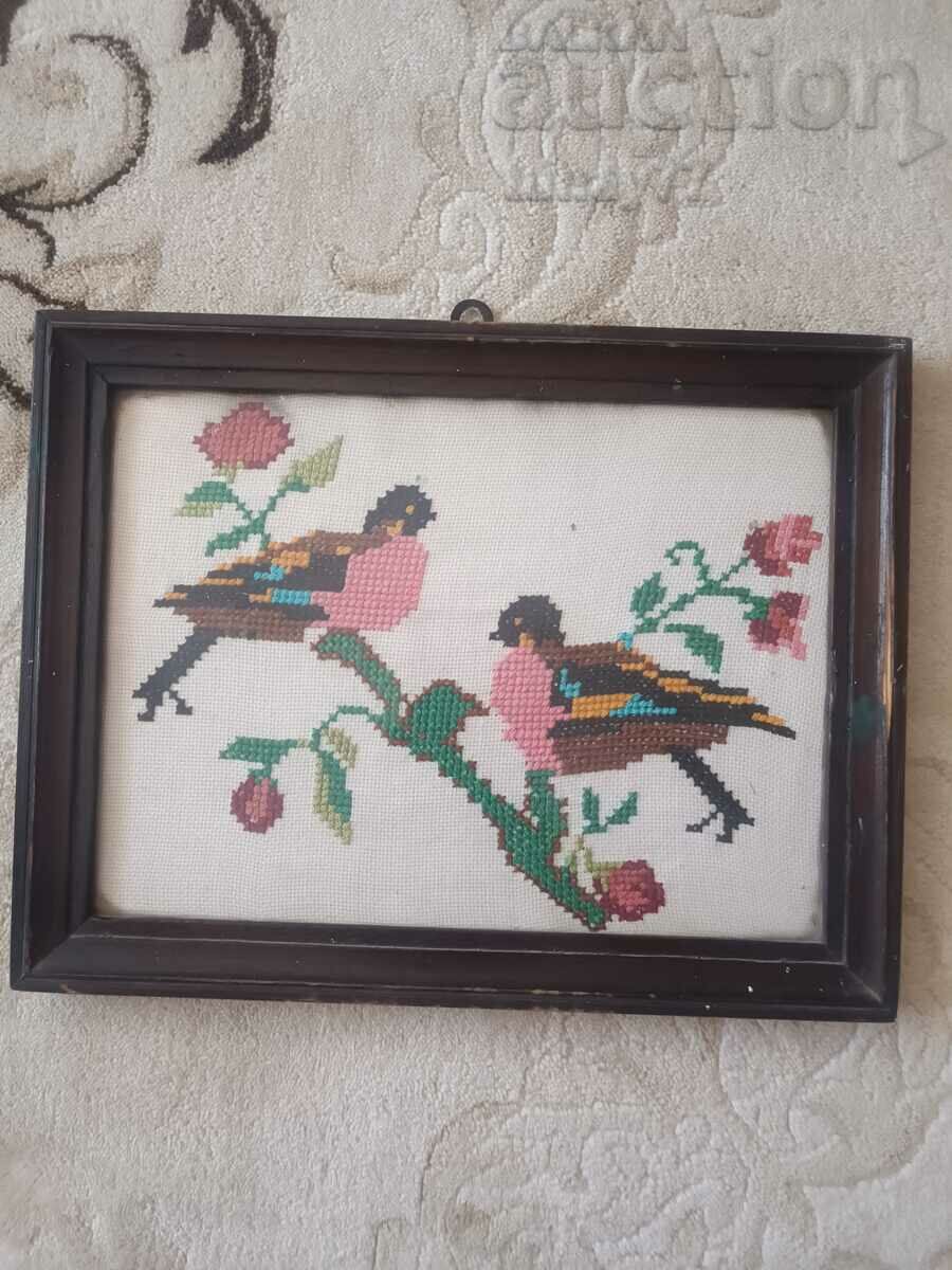 OLD HAND SEWED TAPESTRY WITH WOODEN FRAME GLASS