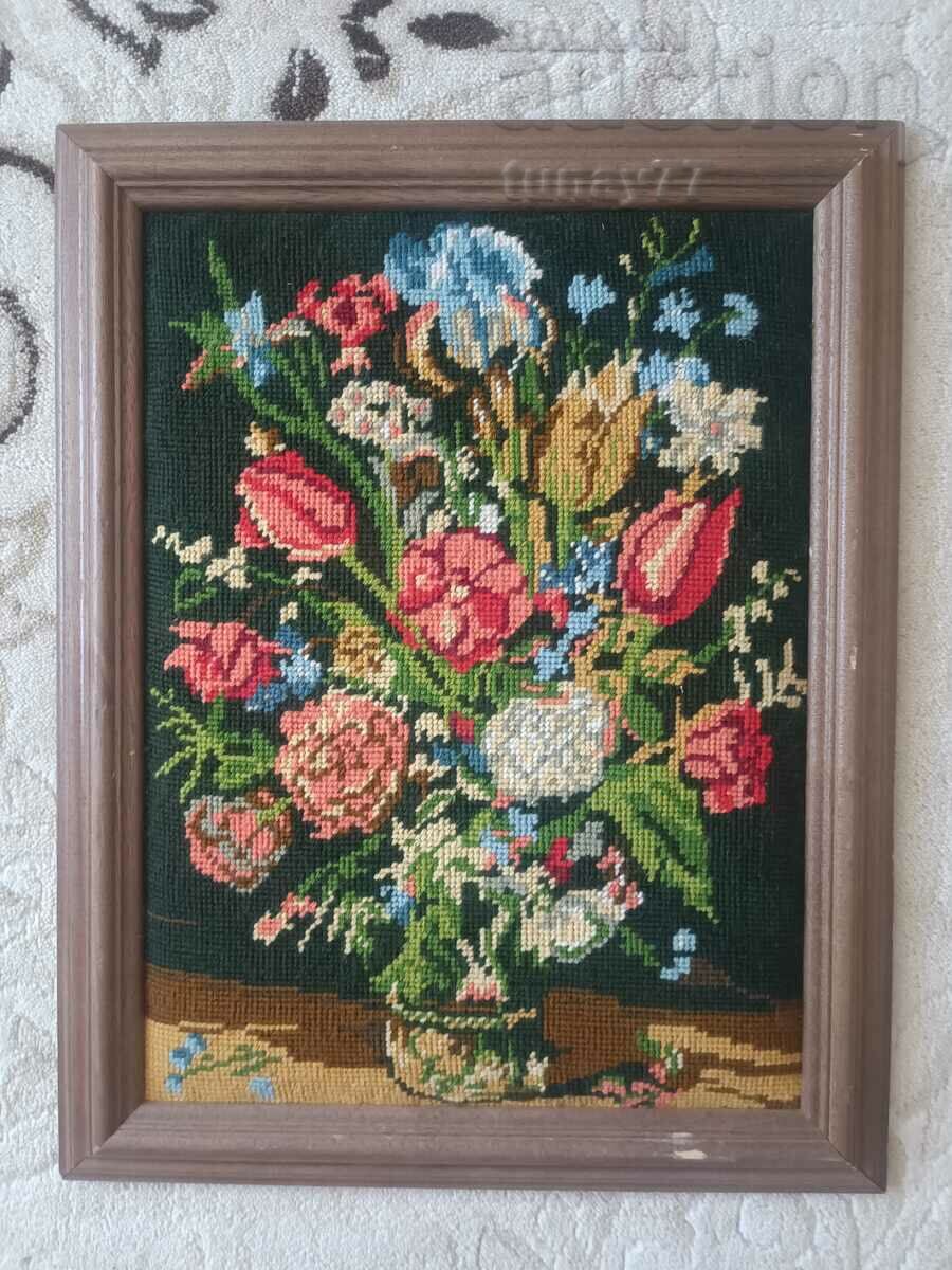 OLD HAND SEWED TAPESTRY WITH WOODEN FRAME
