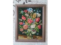 OLD HAND SEWED TAPESTRY WITH WOODEN FRAME