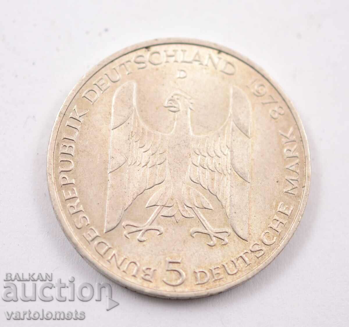 5 timbre 1978 - Germania RFA, argint 625/ 11,2 g.