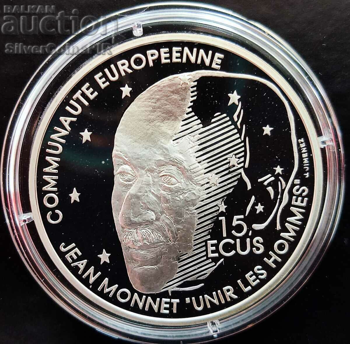 Сребро 100 Франка/ 15 Екю Жан Моне 1992 Франция