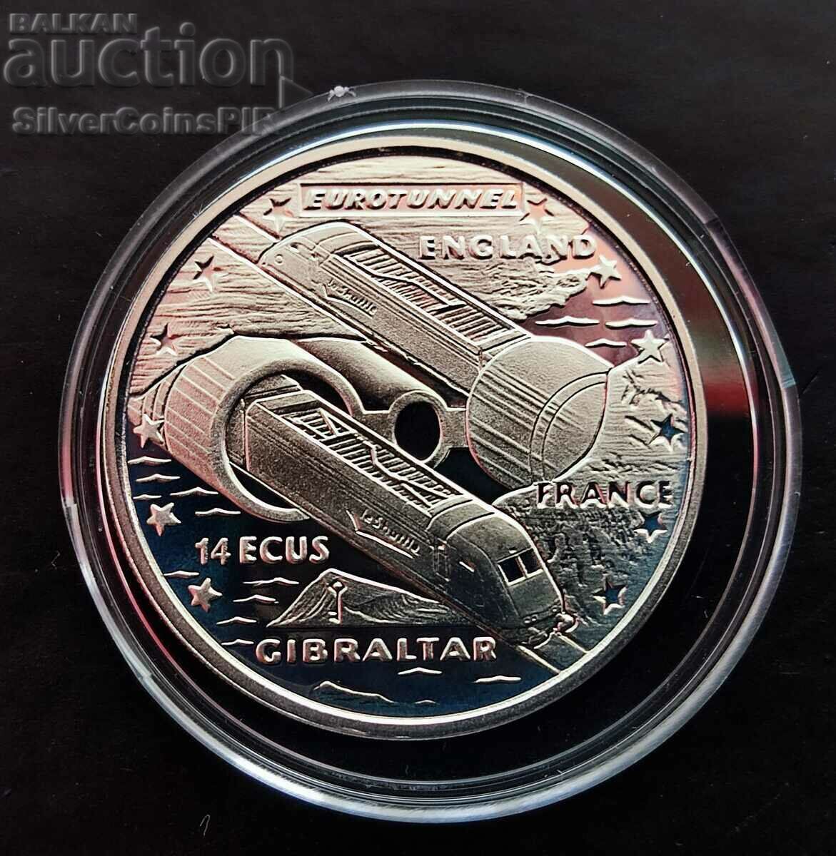 Silver 14 ECU Eurotunnel 1993 Gibraltar