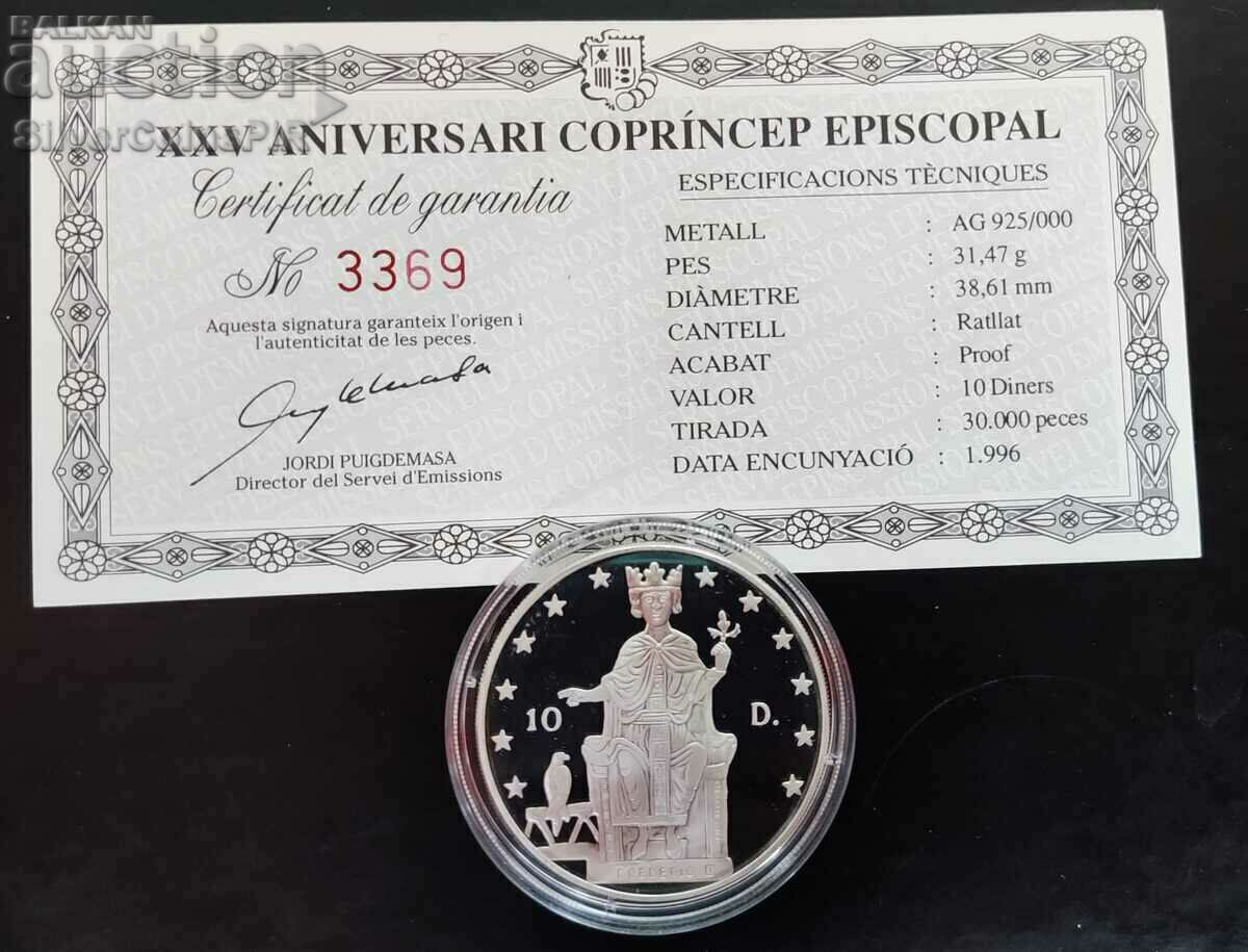 Сребро 10 Динeра Епископия 1996 Андора