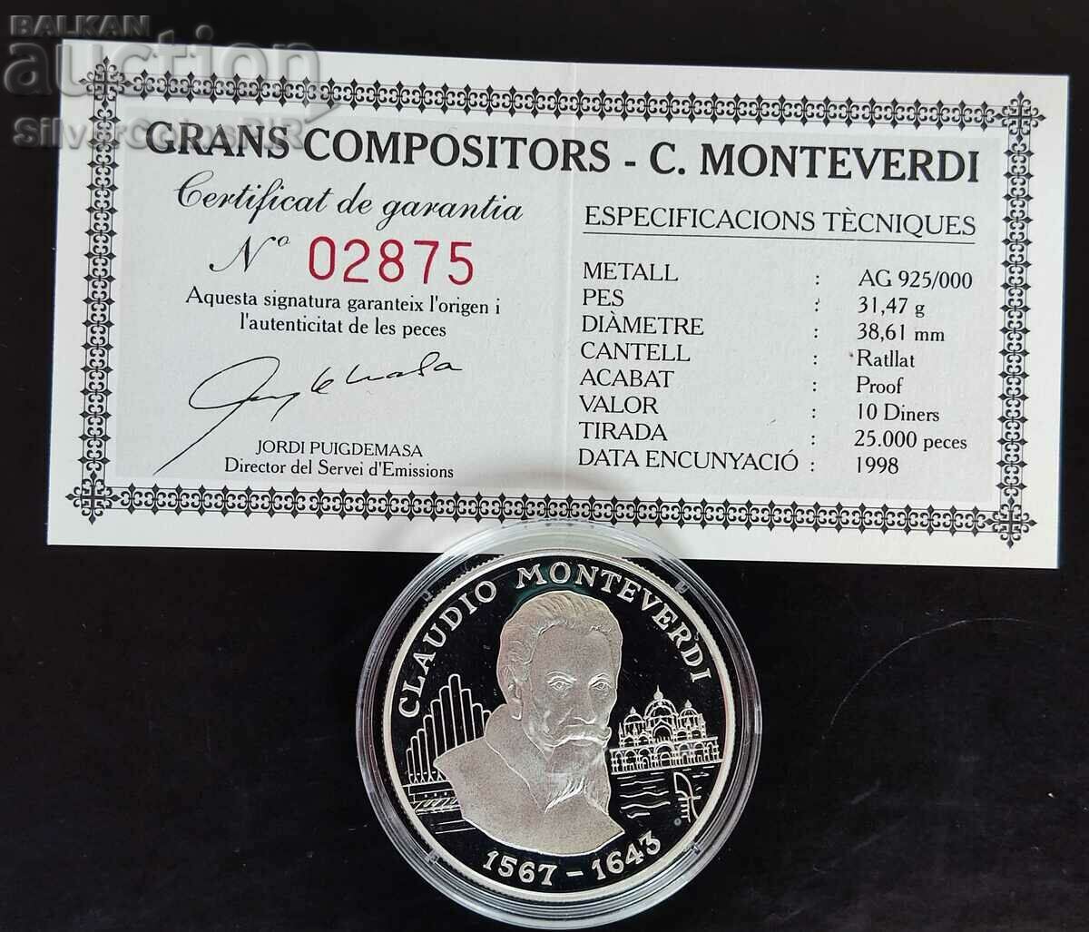 Сребро 10 Динeра Монтеверди 1998 Андора