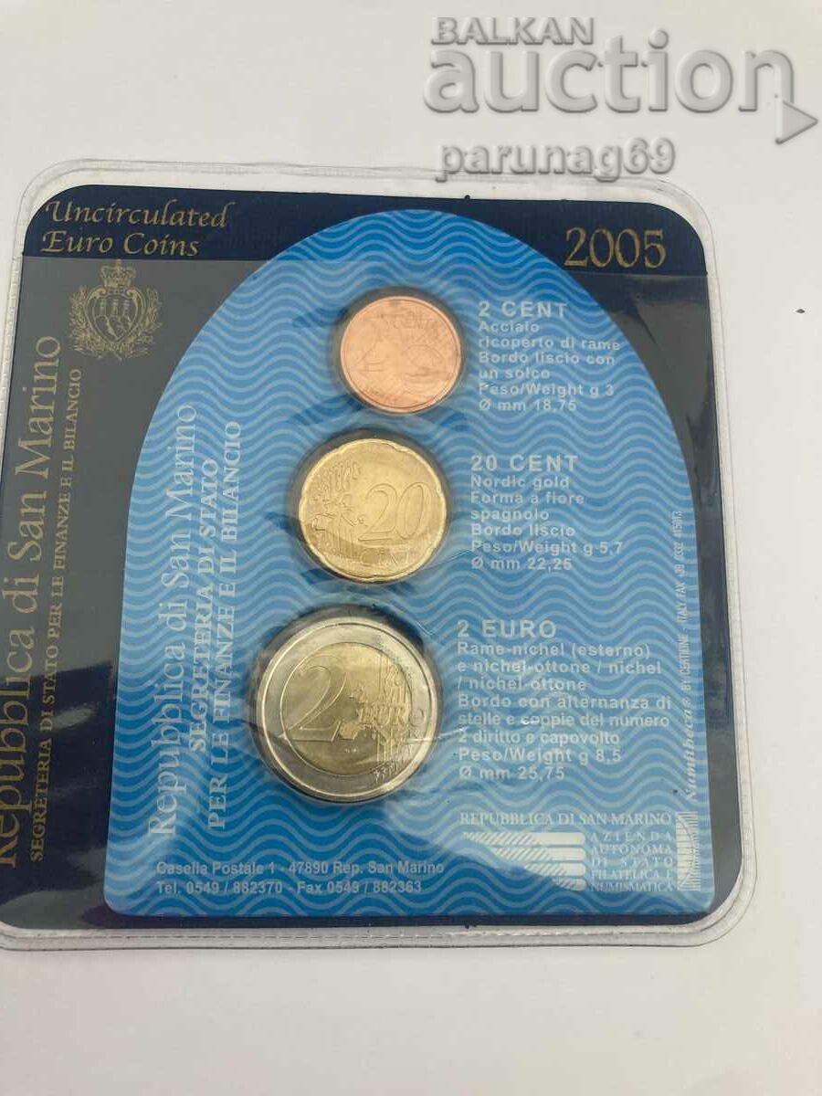 San Marino 2, 20 euro cents, and 2 euro 2005