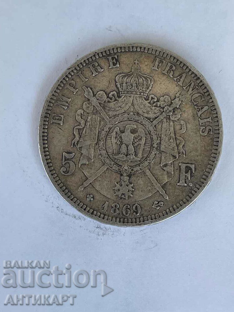 monedă de argint 5 franci Franța 1869 argint
