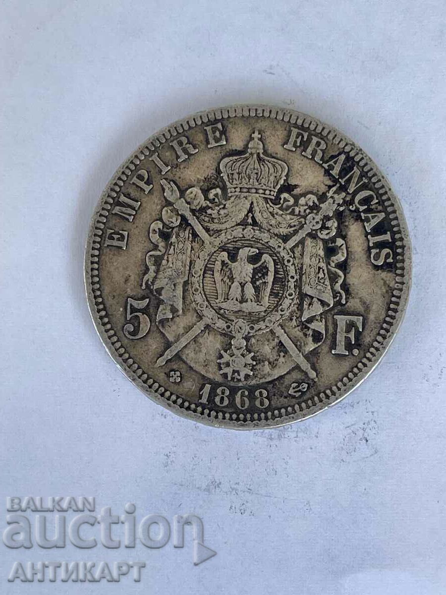 silver coin 5 francs France 1868 silver