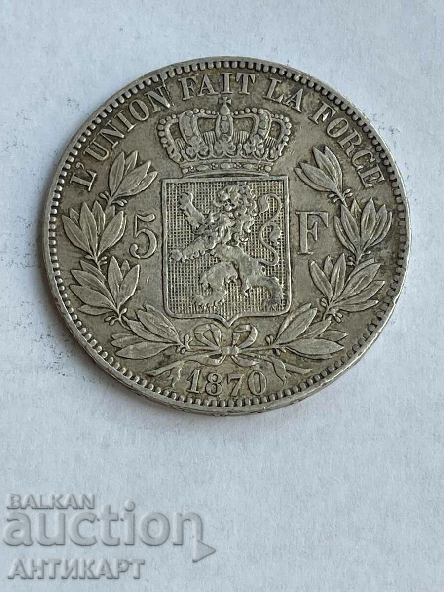 monedă de argint 5 franci Belgia 1870 argint