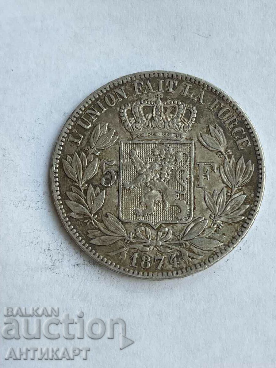 monedă de argint 5 franci Belgia 1874 argint
