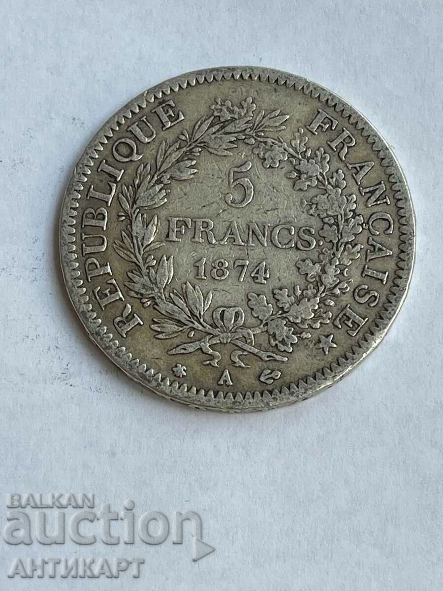 monedă de argint 5 franci Franța 1874 argint