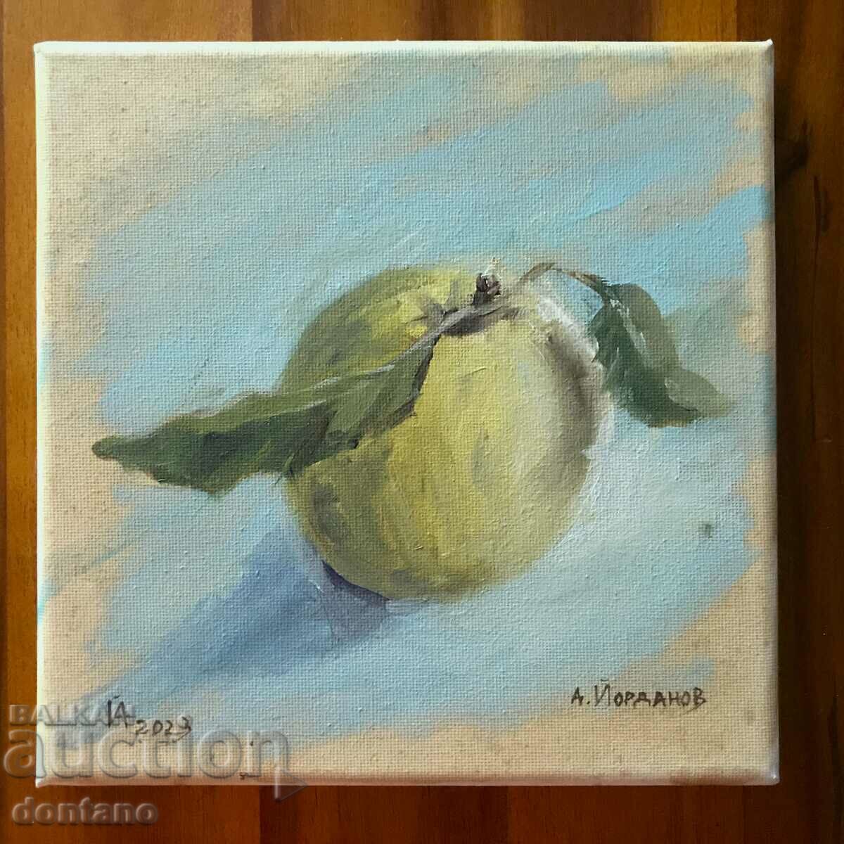 Маслена картина - Натюрморт -Ябълка с листо 20/20 см