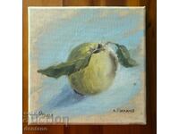 Маслена картина - Натюрморт -Ябълка с листо 20/20 см