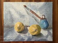 Oil painting - Still life - Lemons with a brush in a ceramic jug