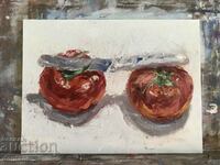 Painting oil painting - Still life - Knife on two tomatoes