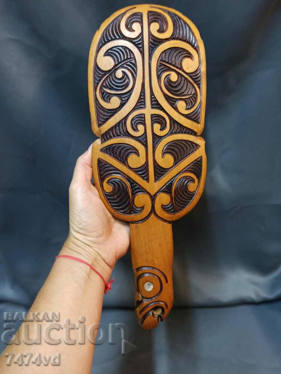 Tribal wooden Maori patoo hand carved and mother of pearl