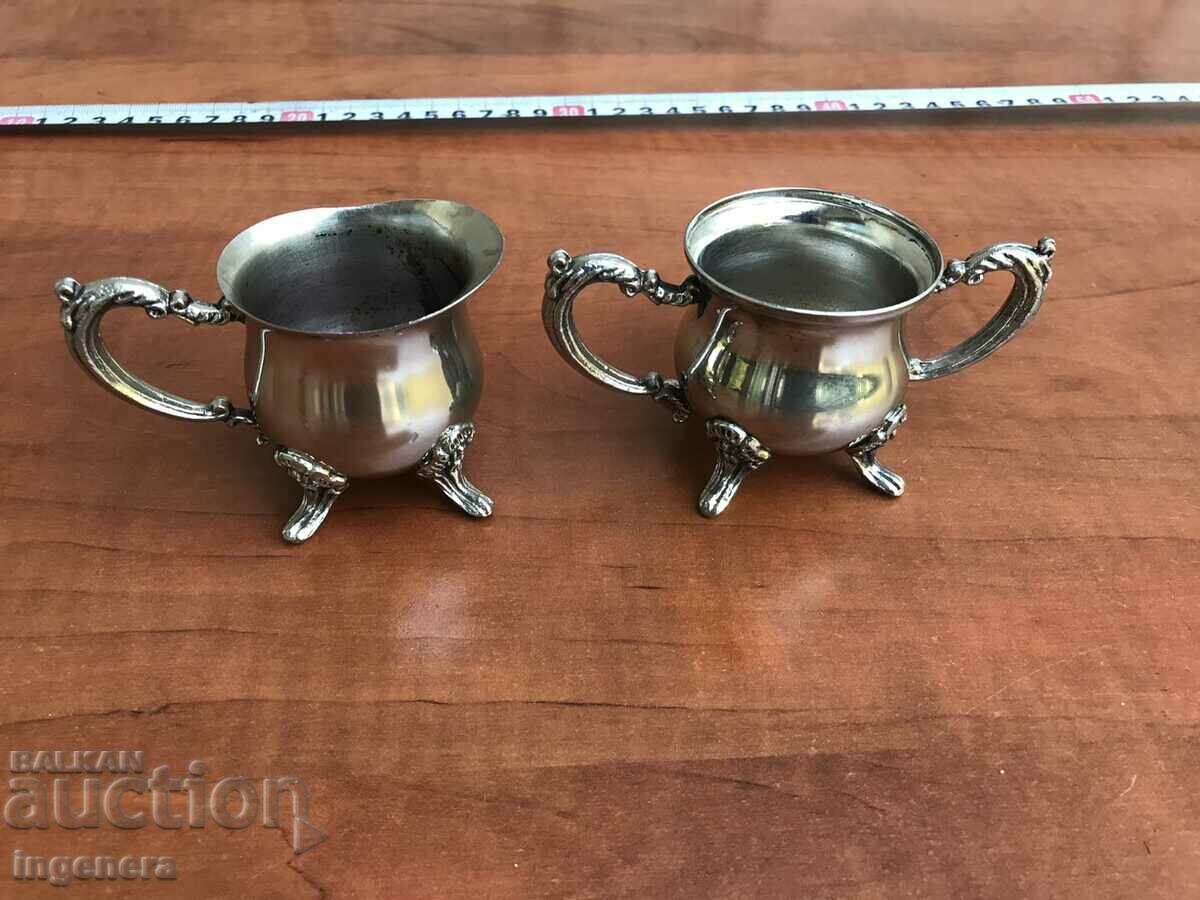 ЗАХАРНИЦА И СЪД ЗА МЛЯКО МЕТАЛ ПОСРЕБРЕНИ с цена 29.00 лв. | € 14.83 ЗАХАРНИЦА И СЪД ЗА МЛЯКО МЕТАЛ ПОСРЕБРЕНИ с цена 29.00 лв. | € 14.83