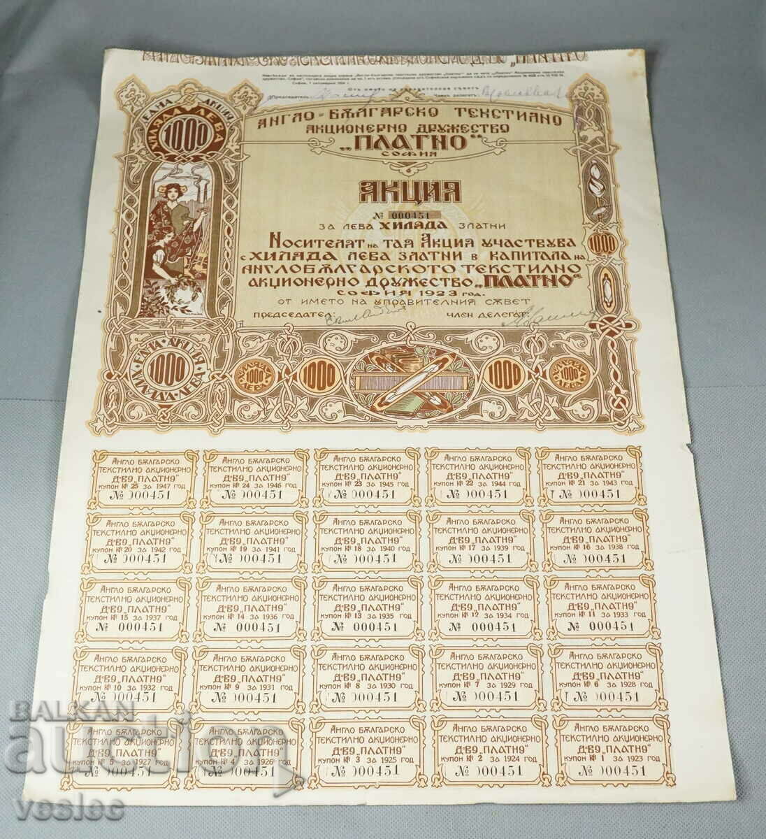 1923 Action Anglo-Bulgarian Textile Company Canvas 1.000 BGN