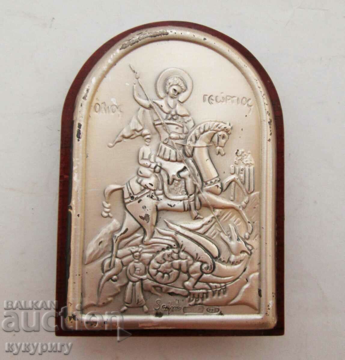 Small silver icon of Saint George for wall or desk