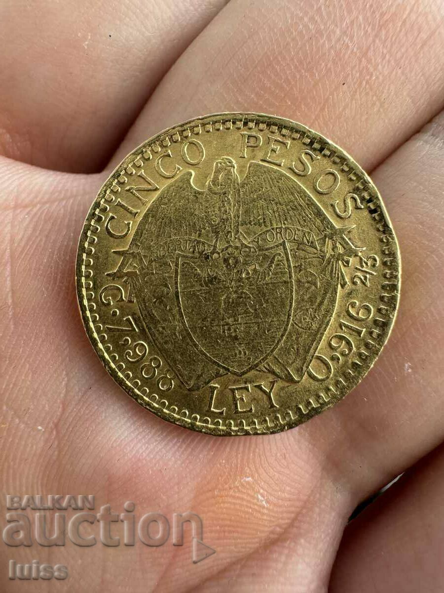 Gold Coin Colombia 5 Pesos 1919