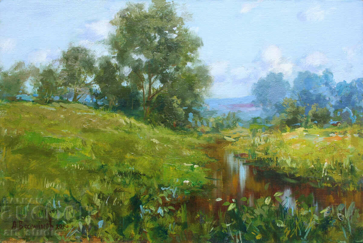 Landscape with a river - oil paints