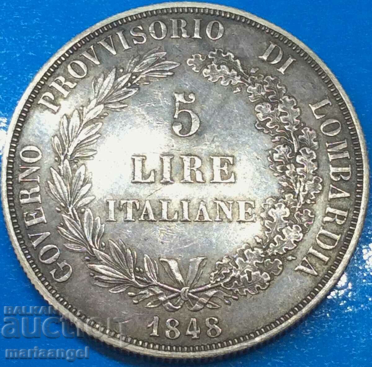 Lombardia Veneția 5 lire 1848 Italia 25g Argint patinat