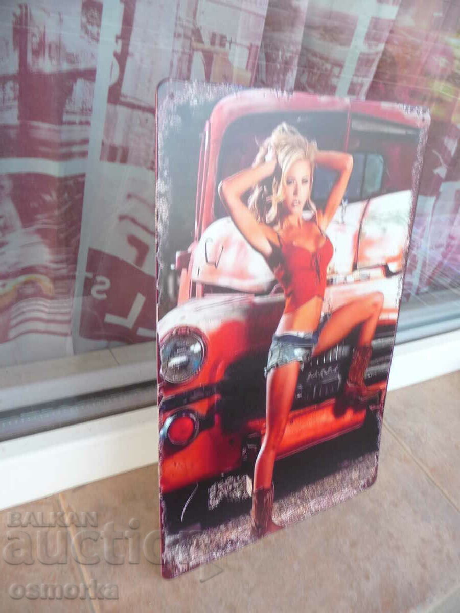 Metal sign car cool chick posing in front of old car with price 18.00 BGN | € 9.20 Metal sign car cool chick posing in front of old car with price 18.00 BGN | € 9.20