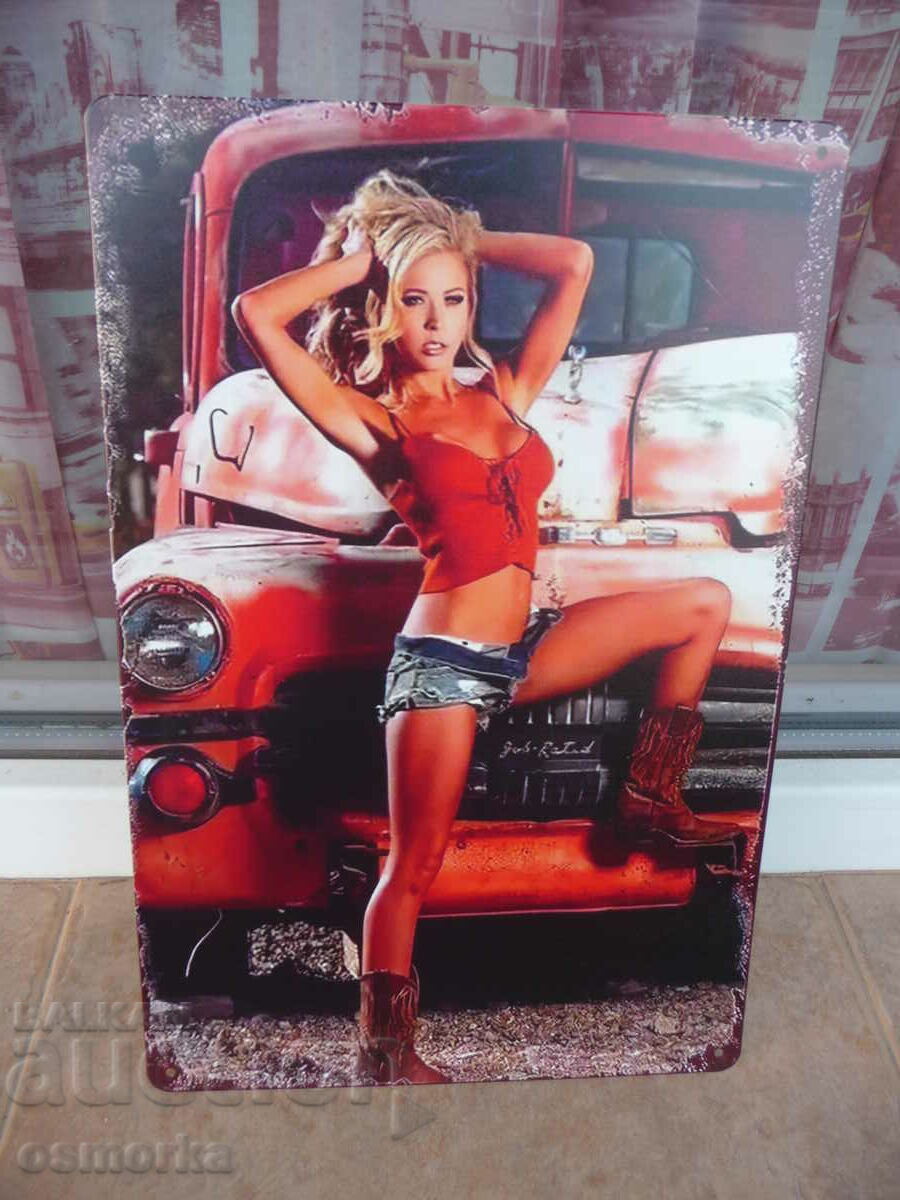 Metal sign car cool chick posing in front of old car