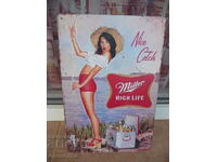 Miller beer metal sign advertising girl fish lake dam