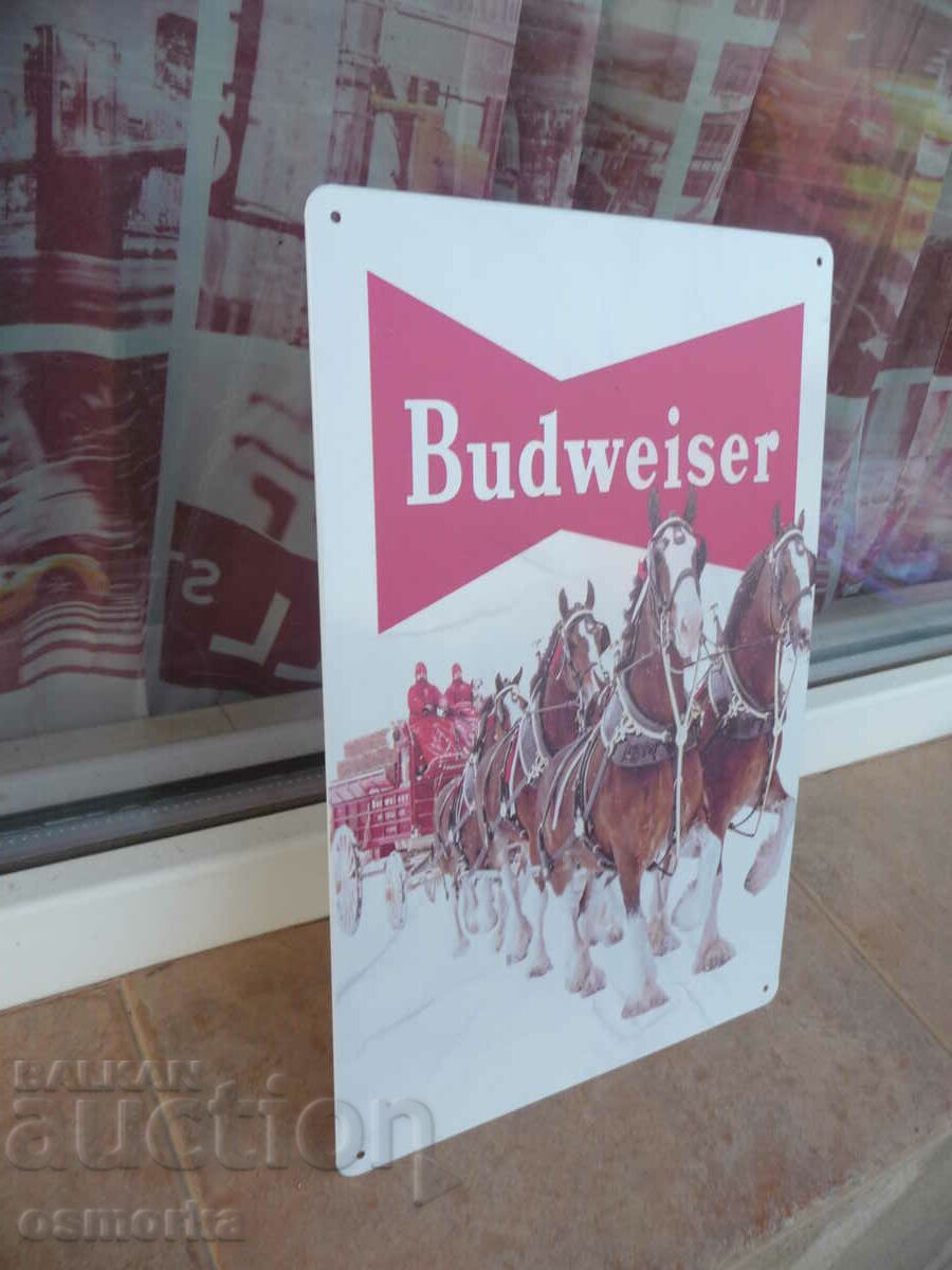 Metal sign Budweiser horses with a wagon full of beer crates of beer with price 18.00 BGN | € 9.20 Metal sign Budweiser horses with a wagon full of beer crates of beer with price 18.00 BGN | € 9.20