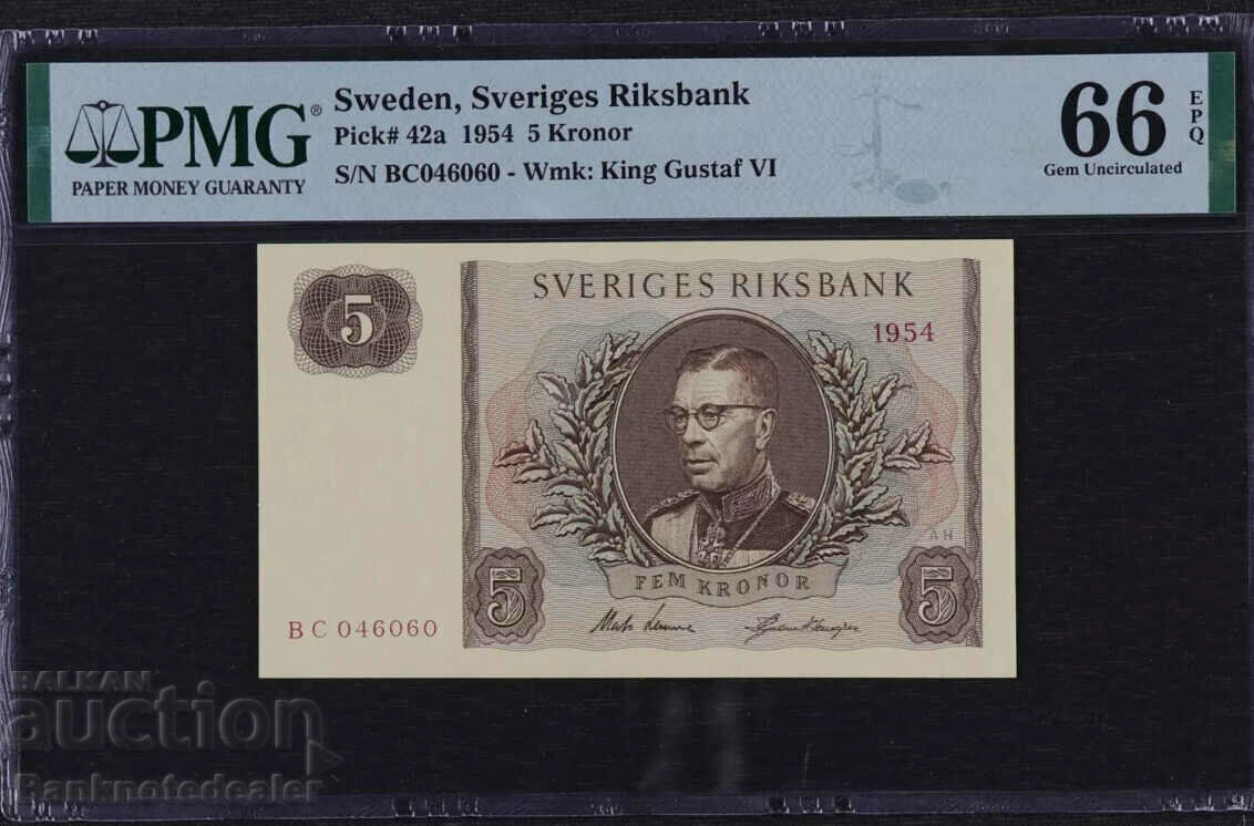 Sweden 5 Kronor 1954 Pick 42a PMG 66