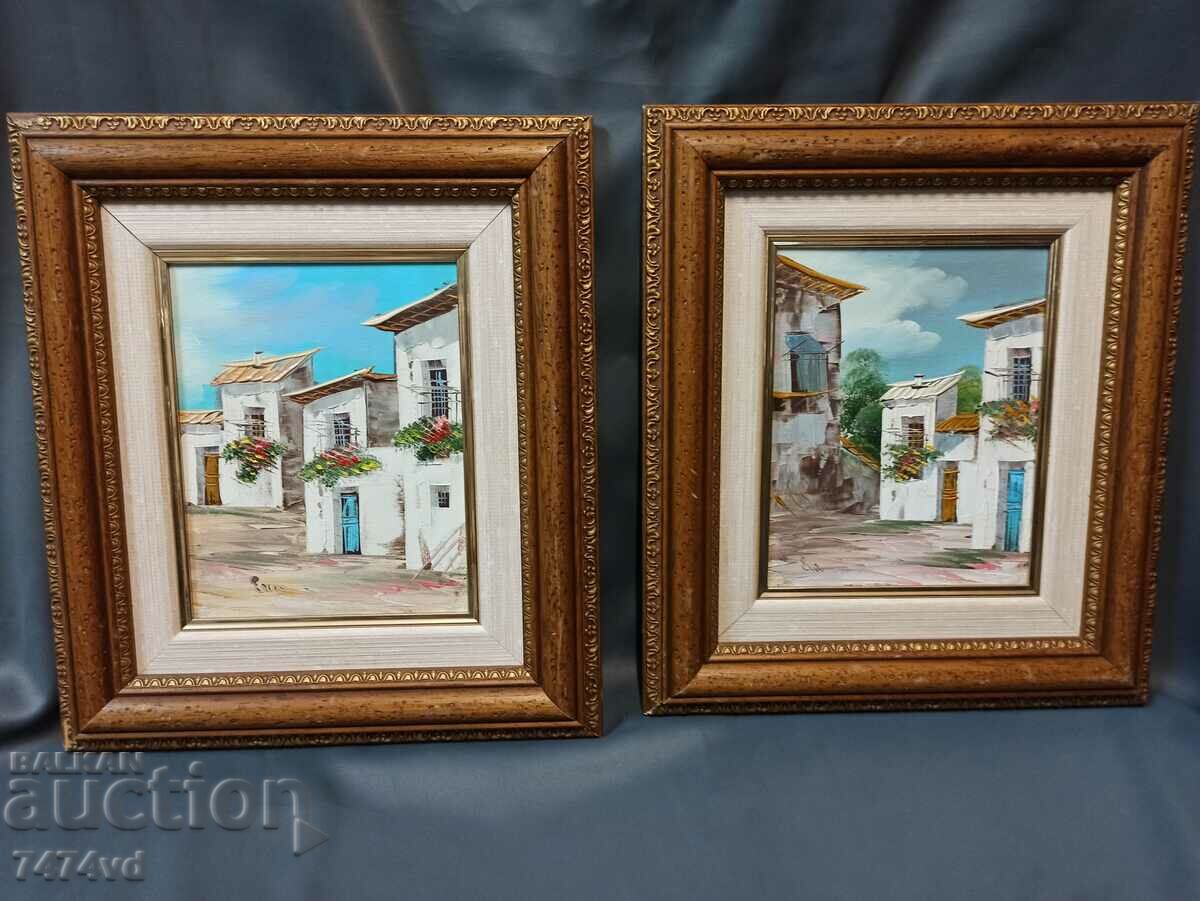 2 paintings, oil on canvas, wooden frames, passe-partout and signed