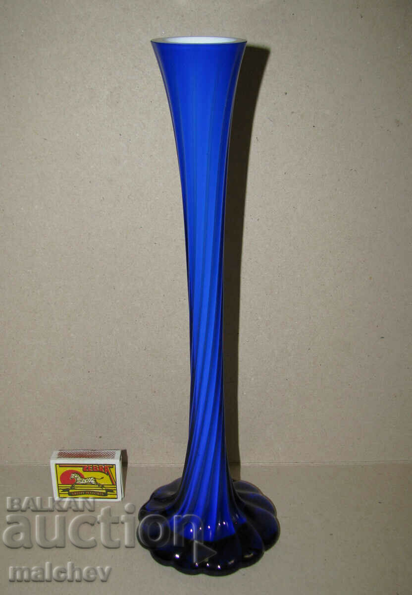 Old vase 33 cm double layer white/cobalt glass excellent