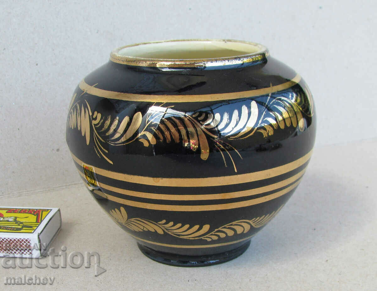 Old porcelain vase 10 cm black with gilding, preserved