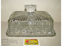 Large old glass butter dish 19 cm with lid, excellent